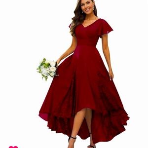 Burgundy High Low Tea Length , Ruffle Short Sleeves Dress. Wedding or any Formal